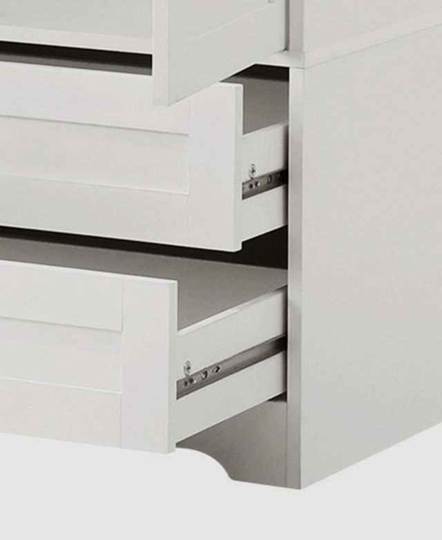 Two drawers are partially open to reveal strong stainless steel runners. Two drawers are partially open to reveal strong stainless steel runners.