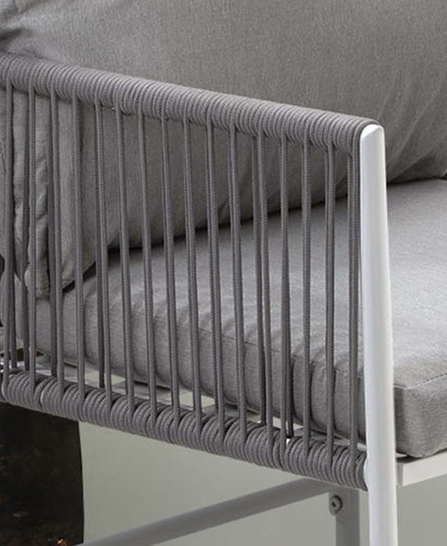 A close-up of the armrest highlights the grey-coloured polyester rope that wraps around it.