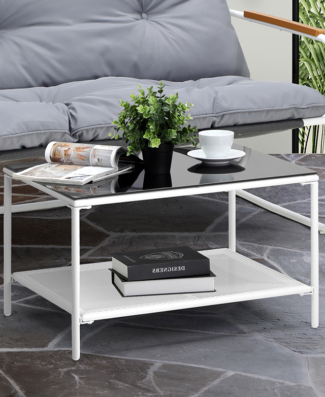 The white coffee table is in the foreground with its reflective black glass top holding a plant, magazine, cup and saucer.