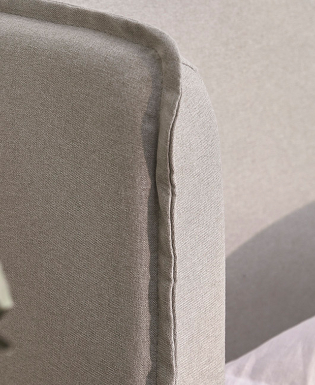 Close-up of the strong French seam shows its relaxed style.