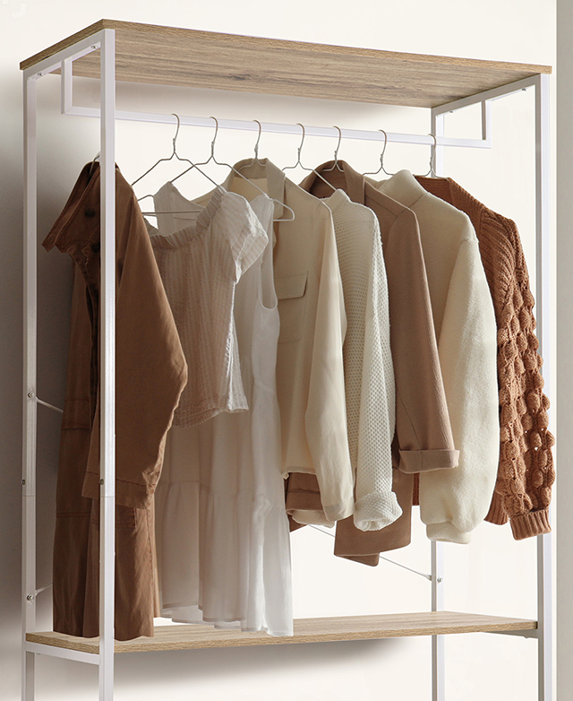 The top half of the white iteration is filled with clothes on hangers. The top half of the white iteration is filled with clothes on hangers.