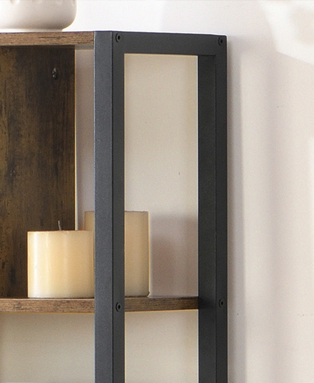 A cropped view of the rustic bookshelf highlights the strong, black metal frame. Candles are on the visible shelf.