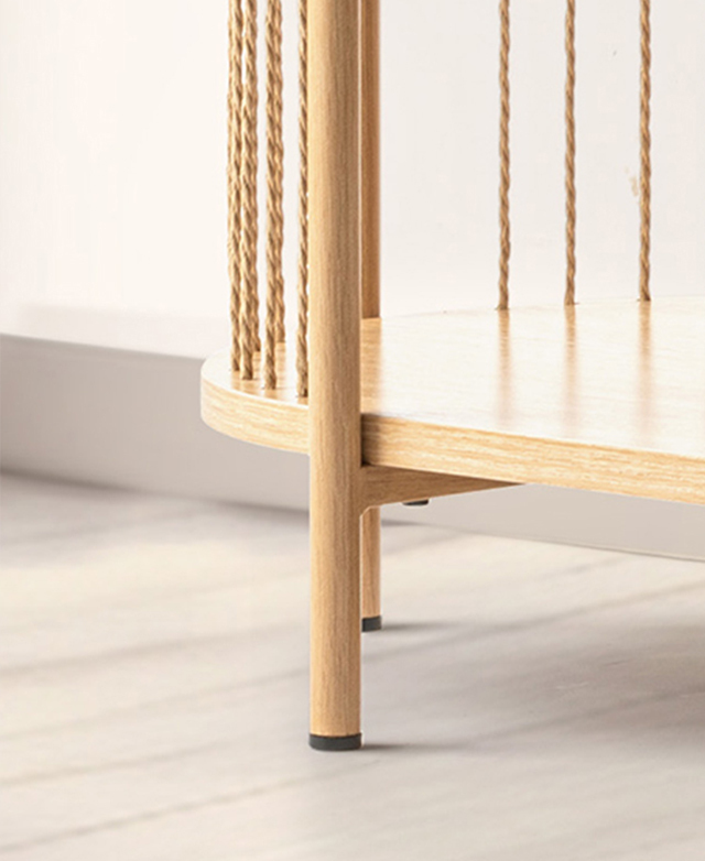 One leg is zoomed in on to show the wood-look effect of the metal.