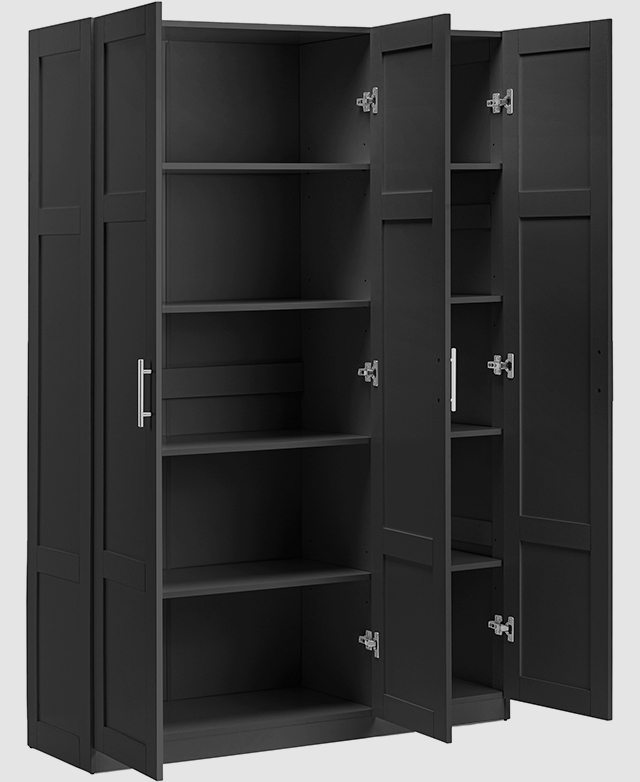 The doors of the black cupboard are open to reveal shelving storage. The doors of the black cupboard are open to reveal shelving storage.
