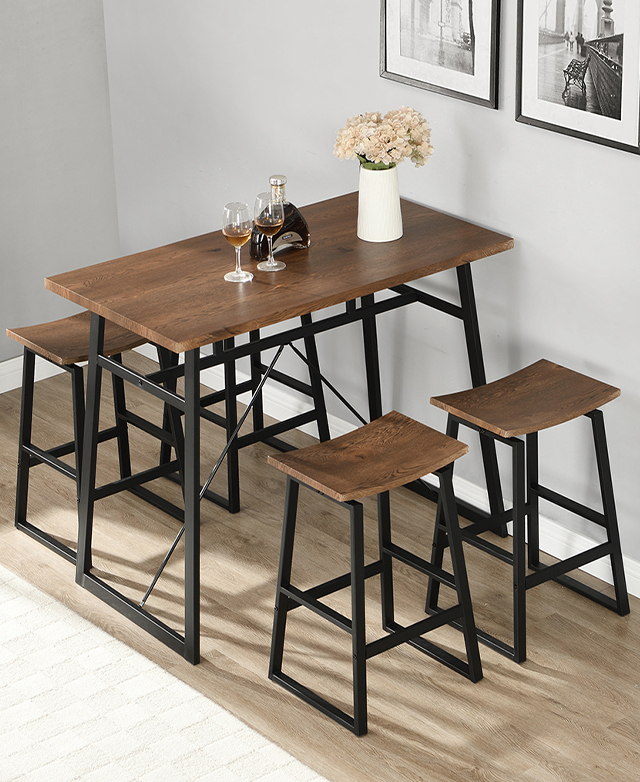 A bird's eye view of the bar table and stool set highlights the walnut-coloured table top and seats. A bird's eye view of the bar table and stool set highlights the walnut-coloured table top and seats.