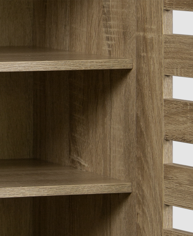 A door of the natural-coloured cabinet is open to reveal shelving.