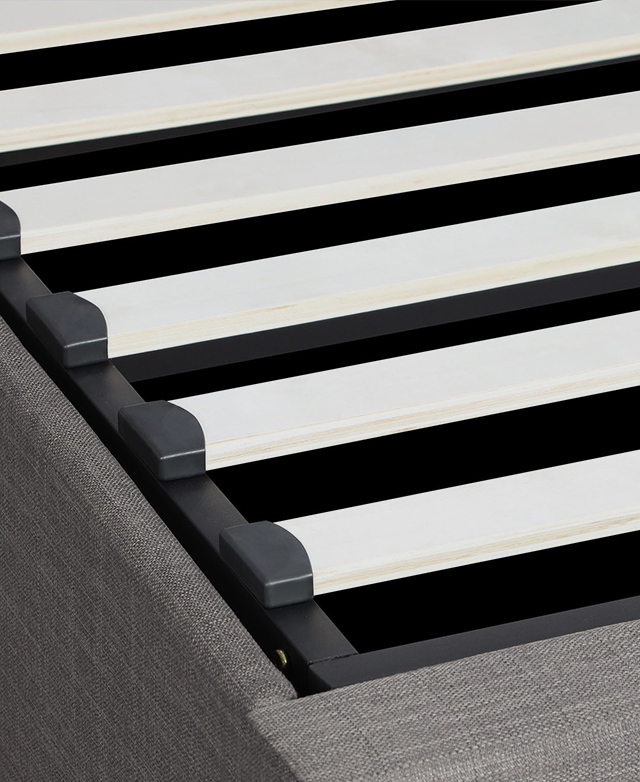 Close-up of the slatting shows its robust black metal support frame. Close-up of the slatting shows its robust black metal support frame.