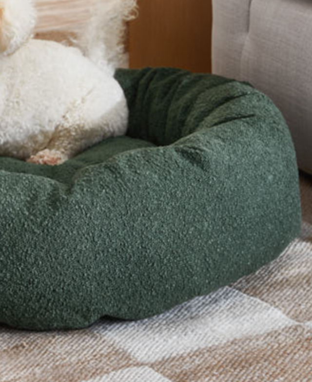 The emerald green boucle dog bed has a small white dog on top, and it's positioned on top of a taupe and cream checkered rug. The emerald green boucle dog bed has a small white dog on top, and it's positioned on top of a taupe and cream checkered rug.