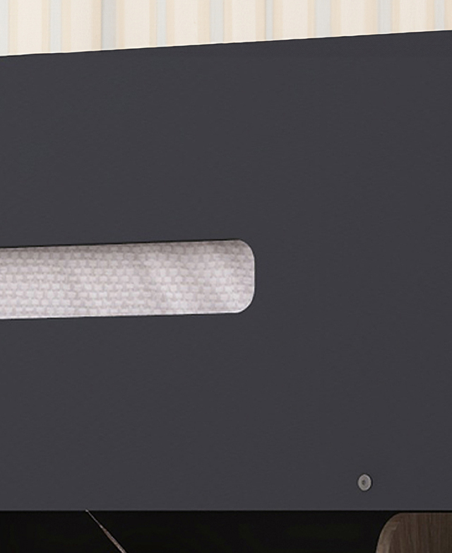Close view of the charcoal bunk bed's laminated side panel.