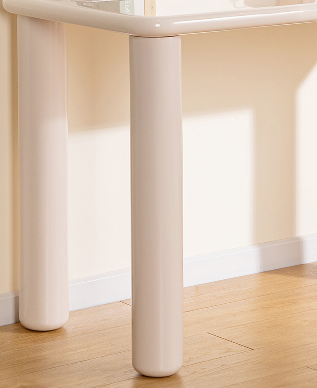 Thick, cylindrical acacia wood legs have a glossy finish to coordinate with the finish of the desk top.