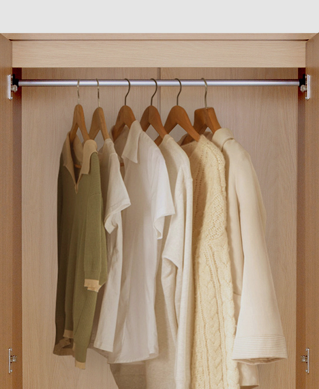 Clothes are depicted on hangers on the metal hanging rail inside the wardrobe. Clothes are depicted on hangers on the metal hanging rail inside the wardrobe.
