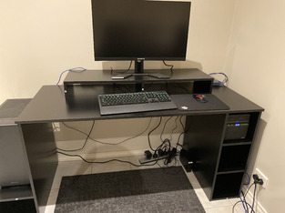 black focus gaming desk with raised shelf